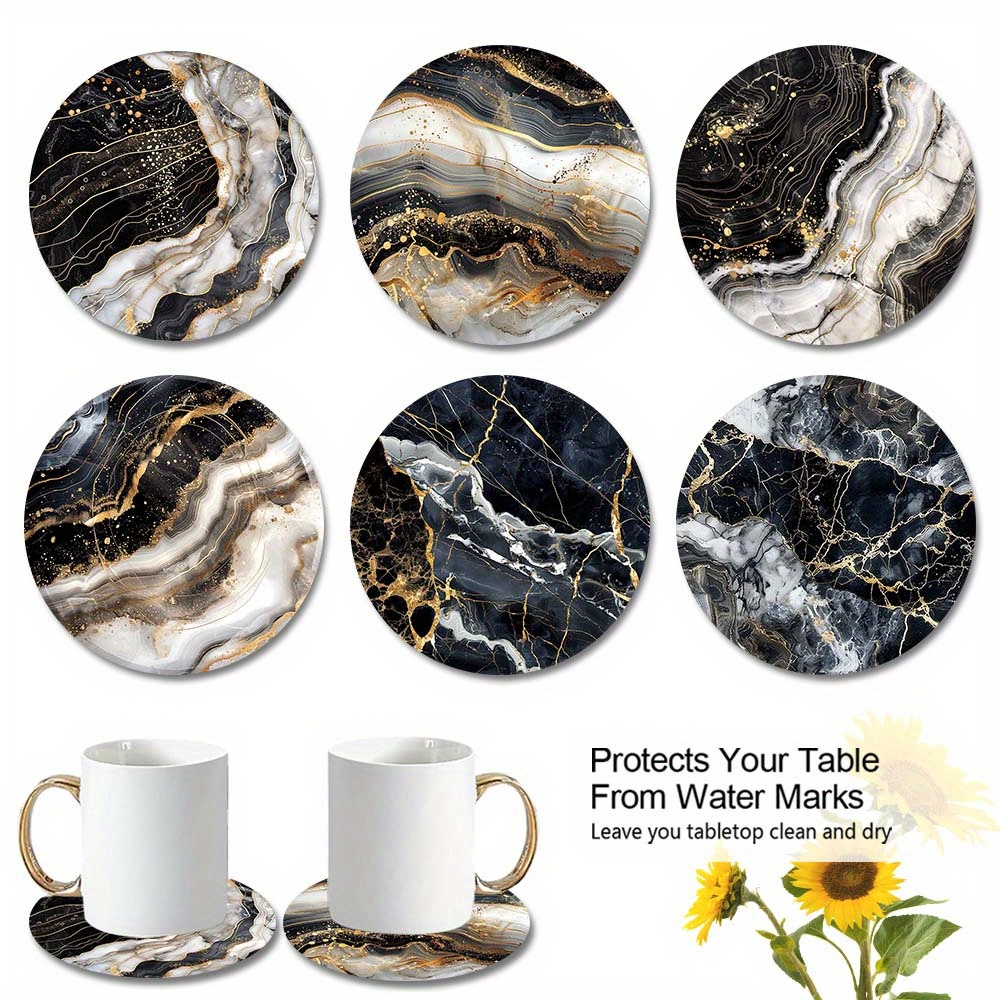 

Set Of 6 Premium Marble Design Coasters With Golden Accents And Cork Base For Drink Protection - Scratch-resistant, Water-absorbent, 9.5cm Diameter Round Cup Mats