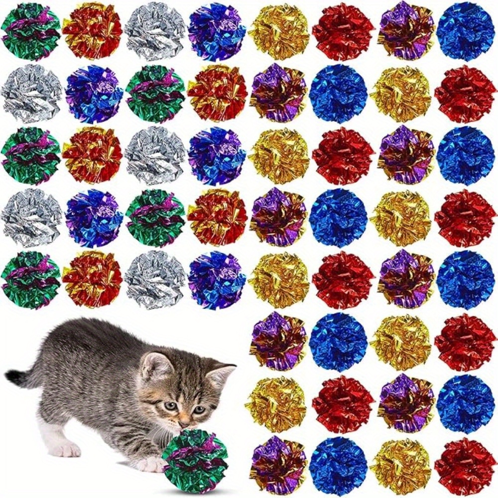 

52pcs Balles Interactives pour Chat, Balles de Jeu en Plastique avec Froissement et Motif à Rayures, Jouets de pour Animaux de Compagnie de Couleurs Assorties Piles