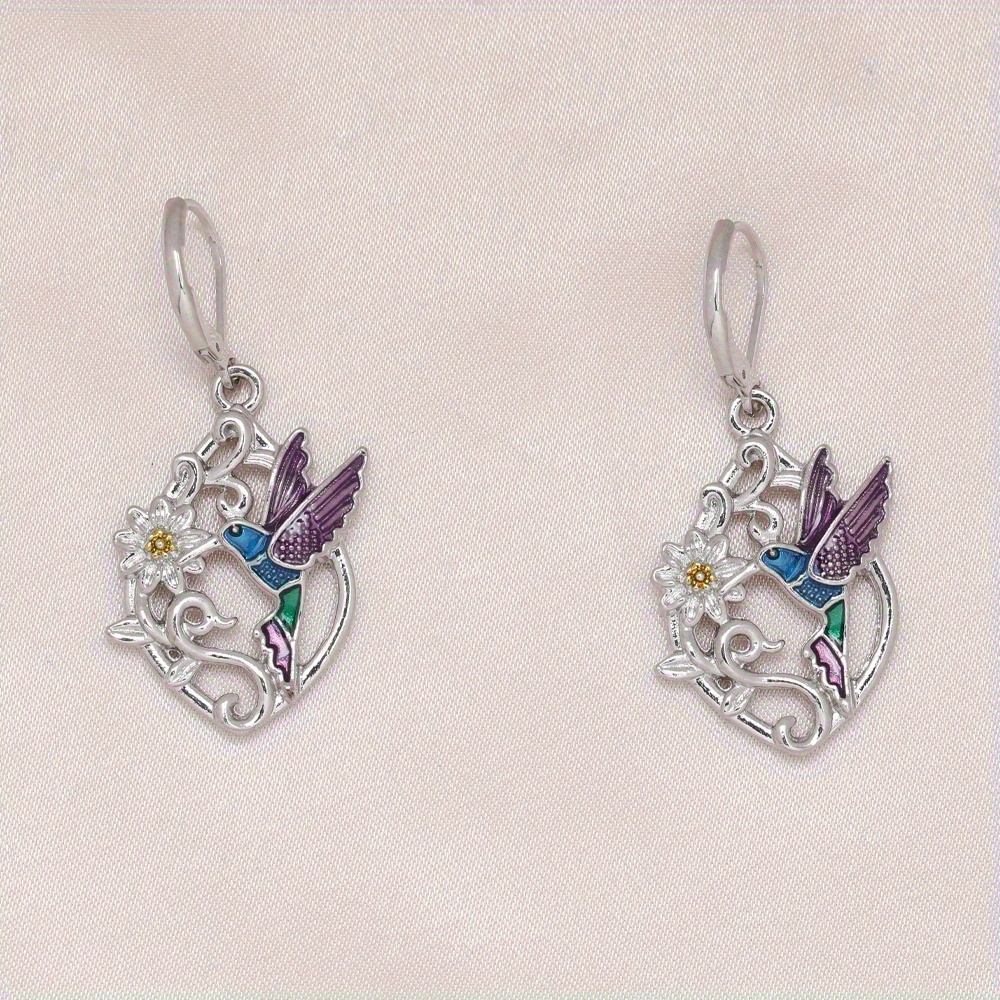 TEMU Elegant Bird And Daisy Rhombus Earrings - Exquisite Fashion Jewelry With Purple Gemstones - Perfect Birthday And Christmas Gift For