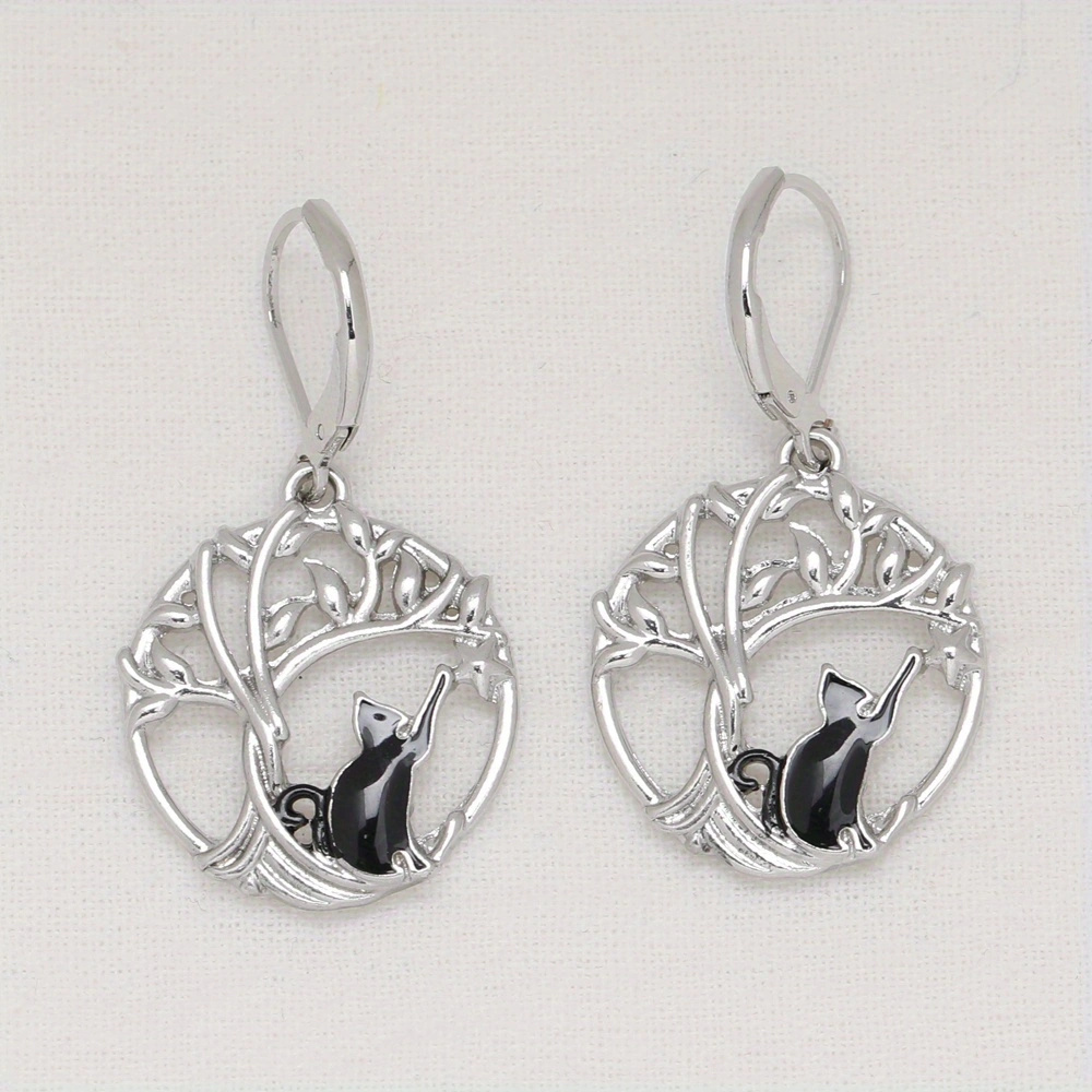 TEMU Fashion Black Cat Tree Of Life Round Earrings For Birthday Christmas Gift