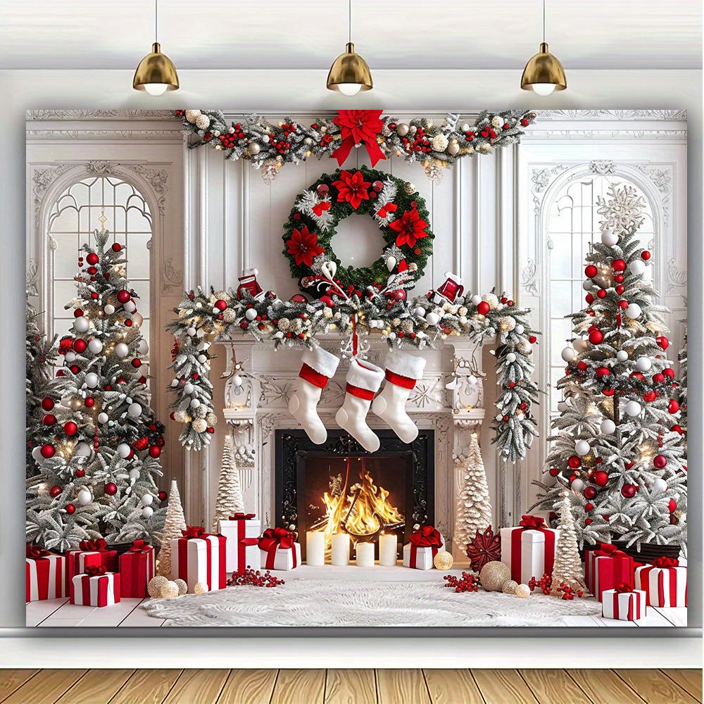 

1pc, Christmas Fireplace Backdrop White Red Christmas Tree Photography Background, Winter Christmas Family Holiday Party Banner Decorations Photo Booth Props