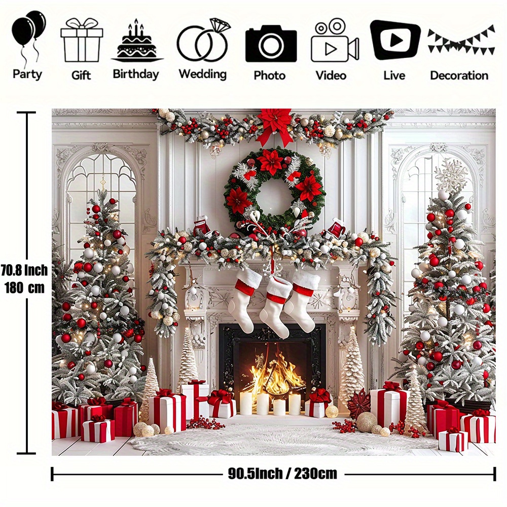 TEMU 1pc, Christmas Fireplace Backdrop White Red Christmas Tree Photography Background, Winter Christmas Family Holiday Party Banner Decorations Photo Booth Props