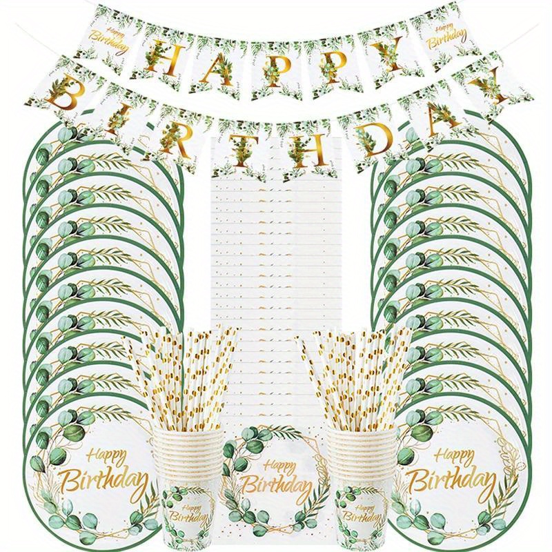 

Eucalyptus Leaf Party Pack - 10pc Disposable Tableware Set With Plates, Cups, Napkins & Banner For Adult Birthday Celebrations