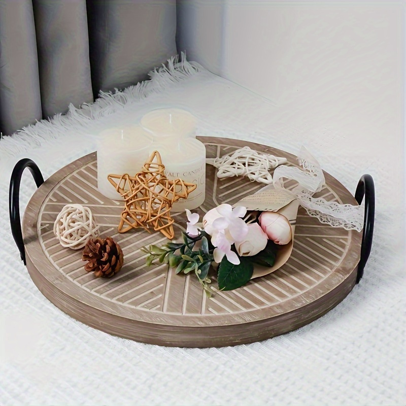 TEMU Rustic Light Brown Wooden Serving Tray With Metal Handles - Coffee Table Centerpiece, Farmhouse Kitchen Decor