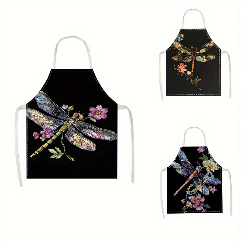 

1pc Linen Kitchen Apron With Dragonfly And Floral Pattern, Durable And Stain Resistant, Unisex Home Cleaning Apron For Cooking And Baking - Woven Cover Material