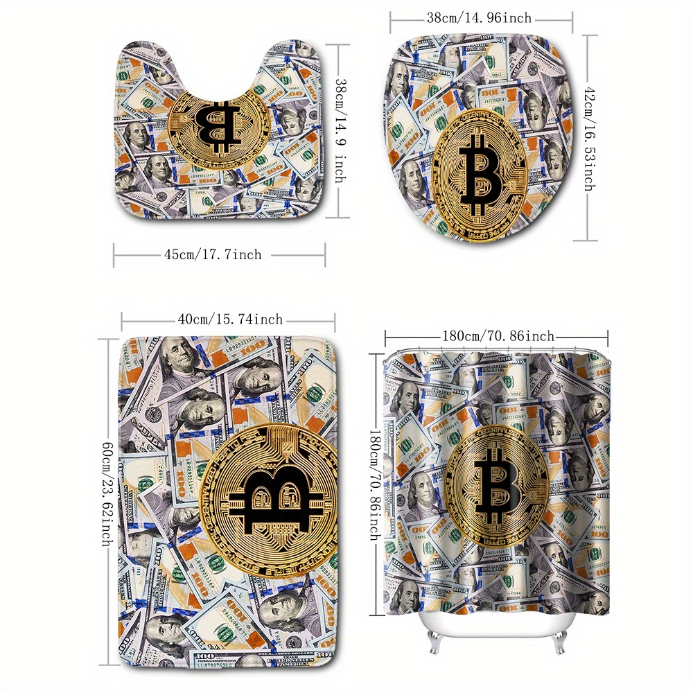 1/4pcs Bitcoin &amp; US Dollar Bathroom Set, Polyester Waterproof Shower Curtain, 71x71inch With 12 Hooks, Currency Print Bath Decor, Non-Slip Rugs, U-Shaped Mat, Toilet Lid Cover, Bathroom Accessories