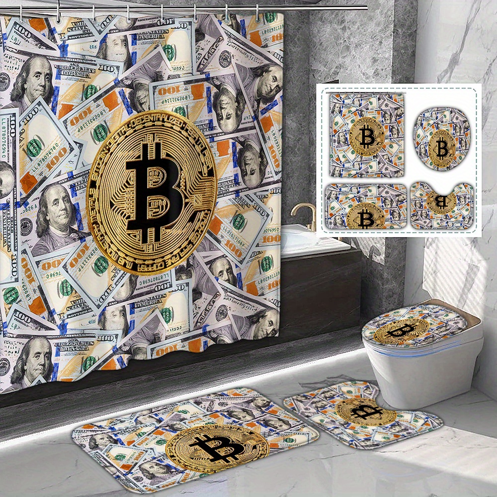 

1/4pcs Bitcoin & Us Dollar Bathroom Set, Polyester Waterproof Shower Curtain, 71x71inch With 12 Hooks, Currency Print Bath Decor, Non-slip Rugs, U-shaped Mat, Toilet Lid Cover, Bathroom Accessories