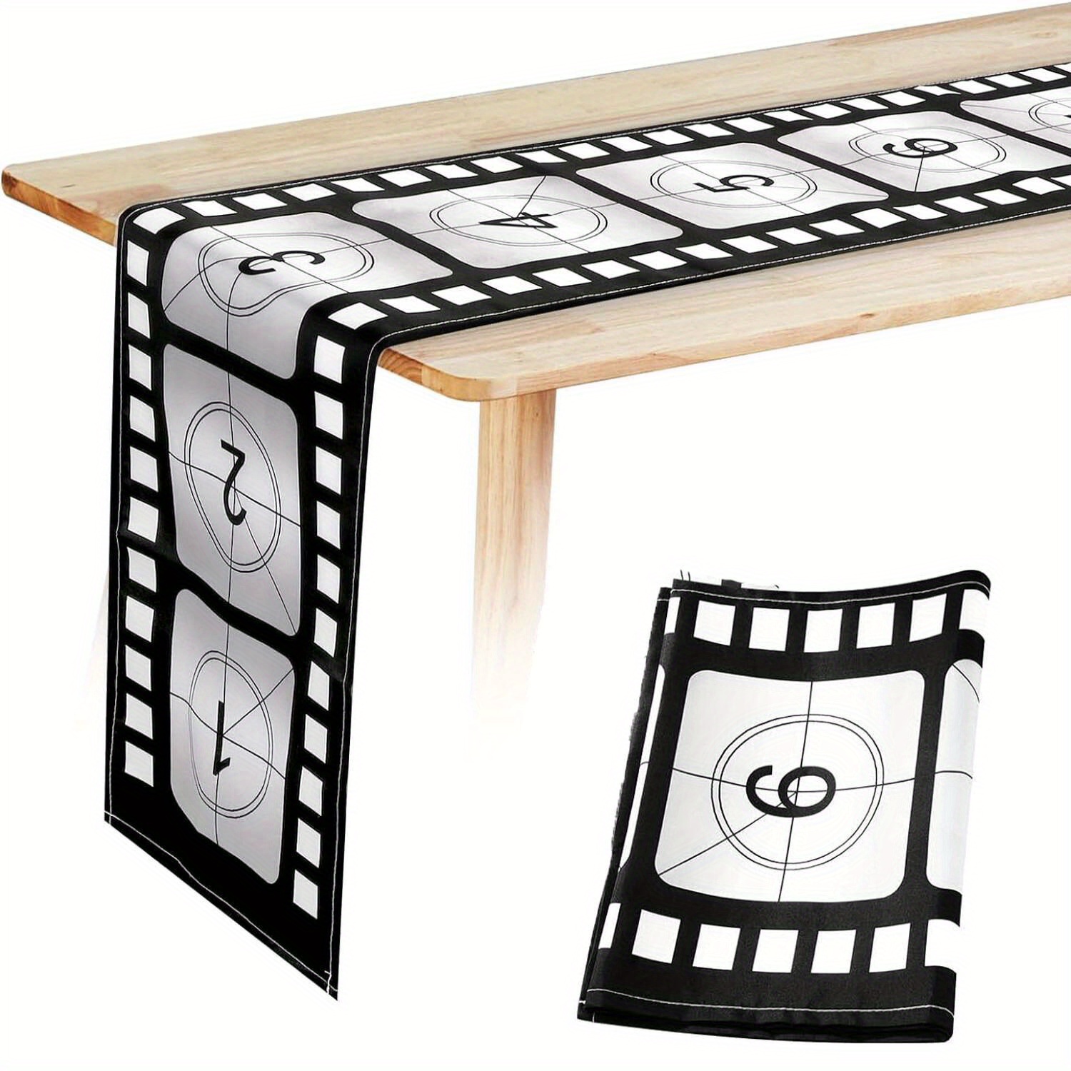 

Polyester Filmstrip Table Runner - 12x72 Inch Machine Made Movie Reel Table Cover For Bachelor Party And General Events, Decorative Cinema Theme Tablecloth