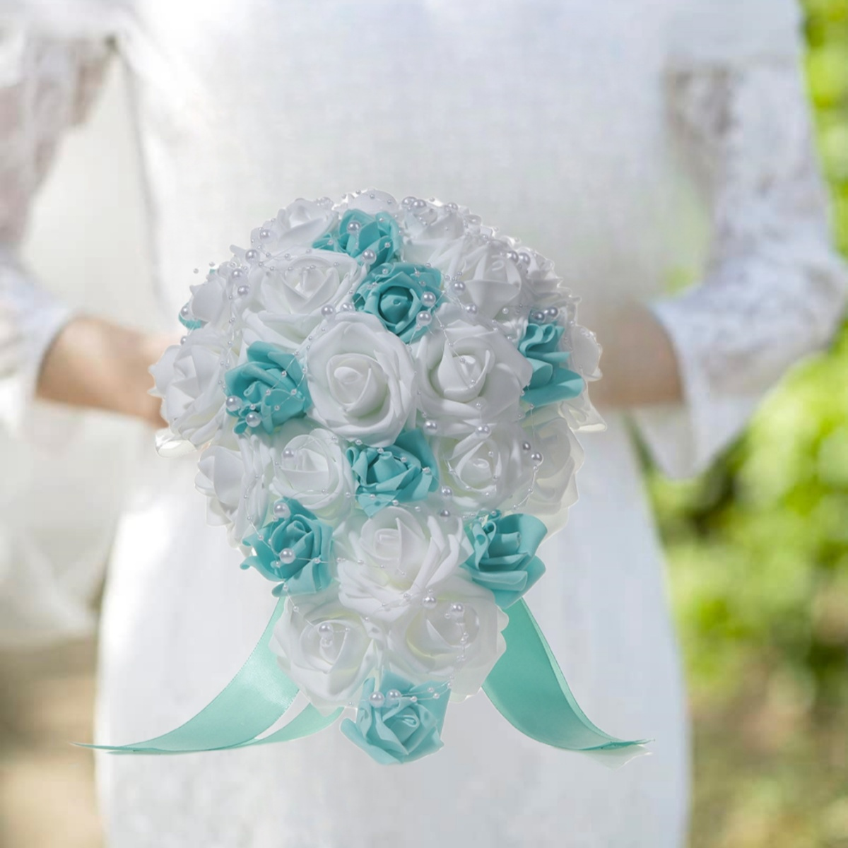 

11.02inch White Blue Pearl Ribbon Bridal Wedding Drop Bouquet Handmade Artificial Silk Holding Flowers For Wedding Favors Supplies, Graduation Gift Art Sign