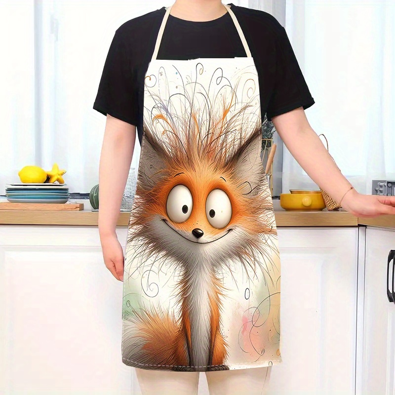 

1pc Creative Cartoon Fox Kitchen Apron - 100% Linen Woven Oil-resistant Stain-proof Sleeveless Cooking Apron For Men And Women - Multifunctional Restaurant And Home Cooking Decor