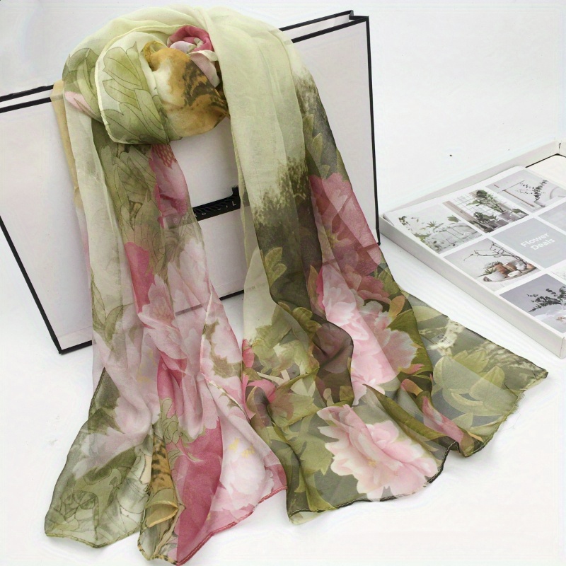 

Women's Elegant Floral Print Chiffon Scarf, Lightweight Wrap, Ideal Gift For Mom, Ladies Accessory