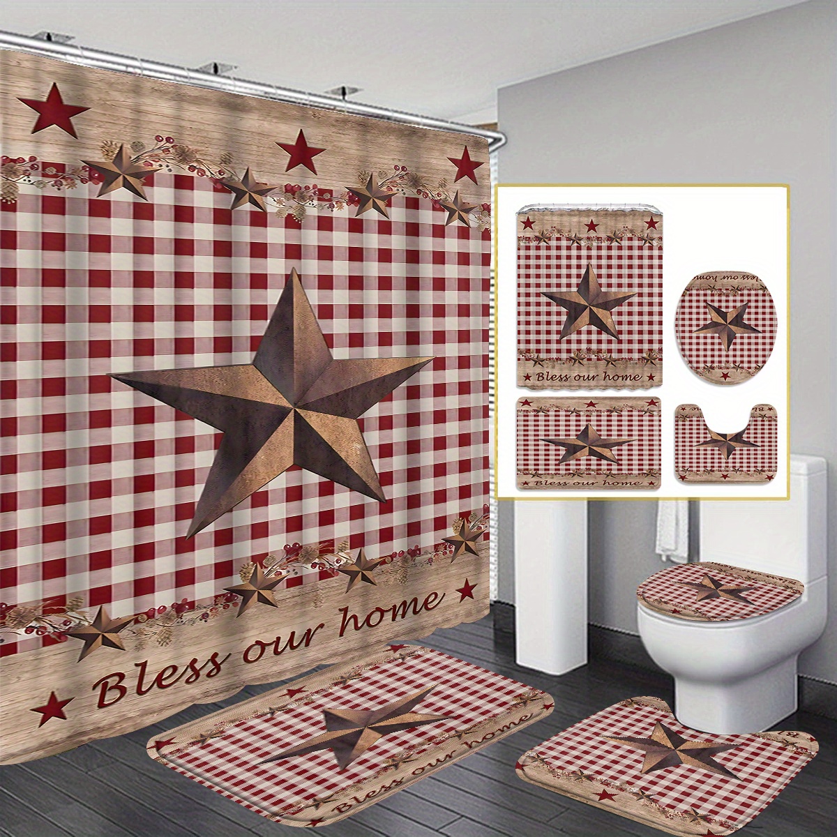 

4pcs Red Star Grid Shower Curtain Gift Modern Home Bathroom Decoration Curtain And Toilet Floor Mat 3-piece Set With 12 Shower Curtain Hooks