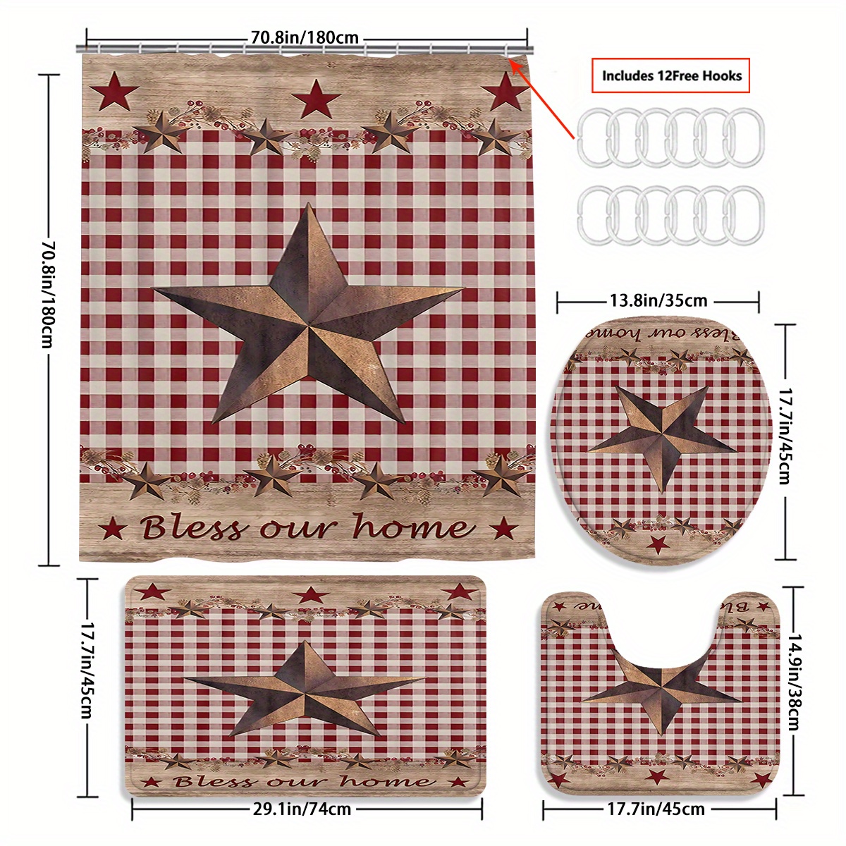 TEMU 4pcs Red Star Grid Shower Curtain Gift Modern Home Bathroom Decoration Curtain And Toilet Floor Mat 3-piece Set With 12 Shower Curtain Hooks