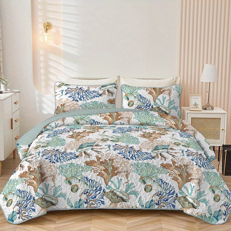 

3pcs Ocean Beach Themed Bedspread Set, , Conch And Star Pattern Bed Cover Set (1 Bedspread + 2 Pillowcases, No Filling), Soft And Lightweight, Suitable For All Seasons