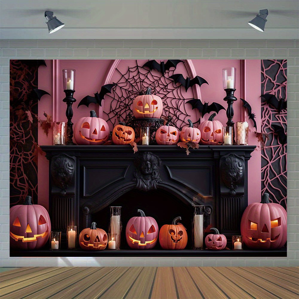 

1pc, Halloween Photography Backdrop, Vinyl, Pink Pumpkin Lantern Fireplace Backdrop, Spooky Indoor Trick Or Treat Home Wall Banner, Halloween Night Party Decoration Photo Booth Props