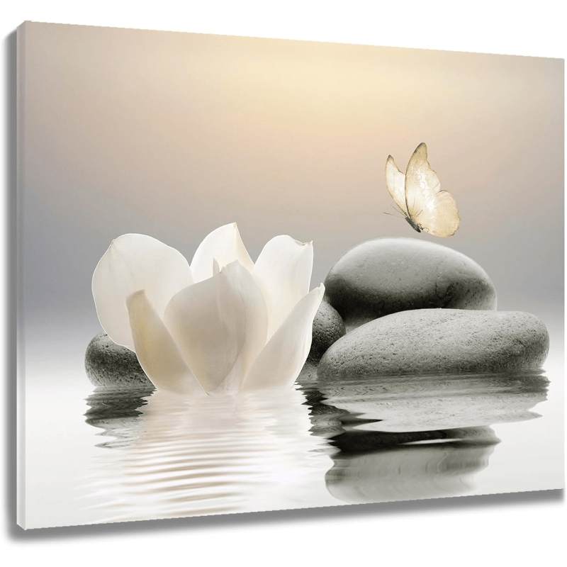 

Zen White Flower Canvas Wall Art Floral And Butterfly On Stone Modern Framed Picture Yoga Spa Spiritual Painting Artwork Print Decor For Bathroom Bedroom Living Room Wooden Frame - Thickness 1.5inch