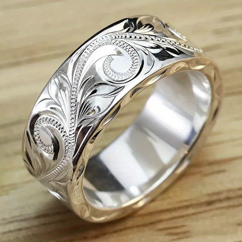 

1pc 925 Carved Leaf Flower Ring Boho Wide Ring Vintage Jewelry