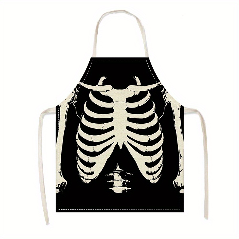 

1pc Halloween Skeleton Style Kitchen Apron, Unisex Linen Cooking Apron For Home And Bbq, Woven Linen 100% Material, Durable Personalized Apron For Men And Women