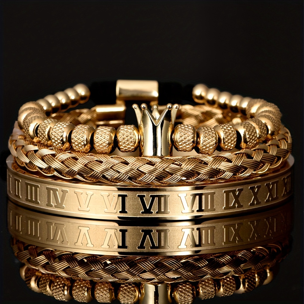 

3pcs Luxury Roman Royal Crown Charm Bracelet Men's Stainless Steel Geometric Open Adjustable Bracelet Couple Jewelry Gift