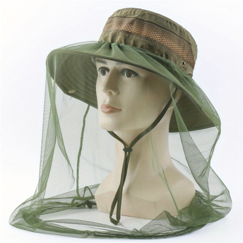 

1pc Breathable Mosquito Net Hat - Adjustable Sun Protection Cap With Face & Neck Mesh For Fishing, Hiking, Camping | Lightweight Polyester, Green & Brown