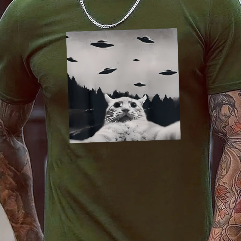 

Funny Cat Creative Print Men's Casual T-shirt, Summer Fashion Crew Neck Short Sleeve Top, Modern Streetwear Style For Men