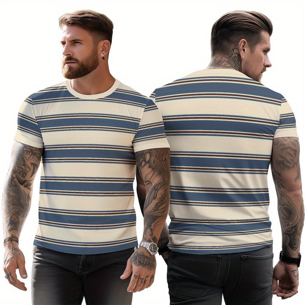 

Classic Color Clash Stripe Pattern T-shirt For Men, Casual Creative Short Sleeve Top, Men's Clothing For Summer Street Wear