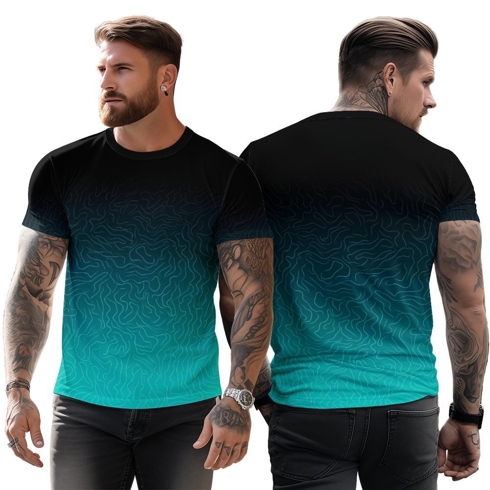 

Men's Gradient 3d Print T-shirt - Black To Lake Blue, Short Sleeve, Crew Neck For Casual Outdoor Wear