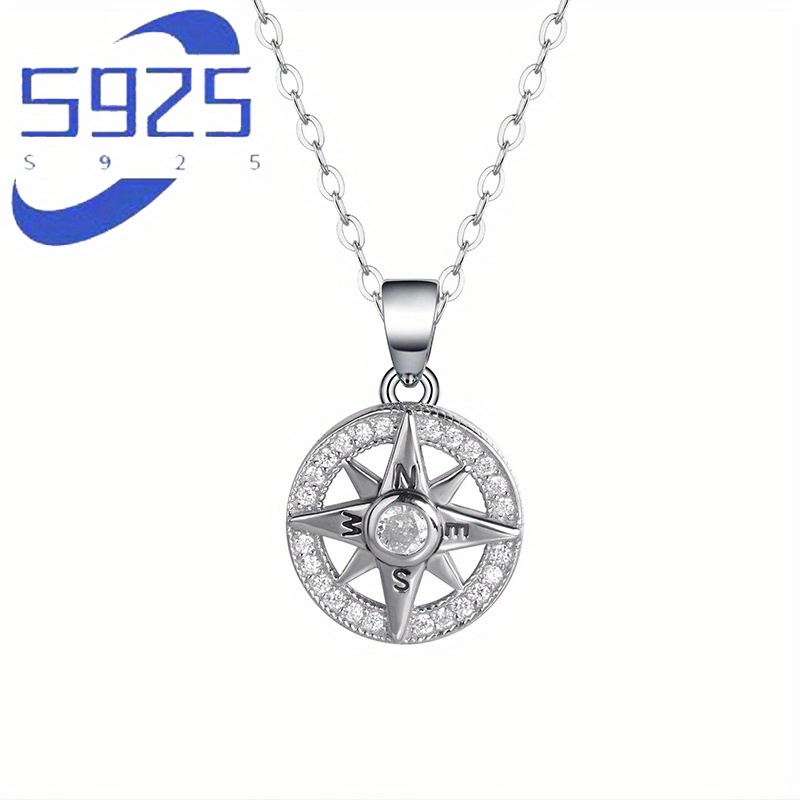 

Sterling Silver S925 Compass Pendant Necklace With Accents, Fashionable & Elegant , Personalized Charm, Sophisticated Gift For Boyfriend, Stylish Women's Jewelry