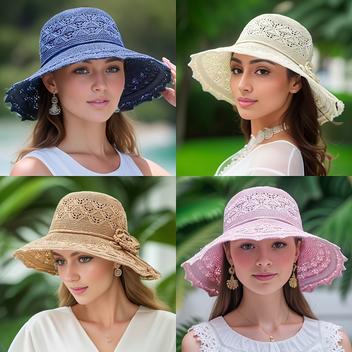 

2 Piece Women's Crochet Lace Sun Hat Set, Adjustable Wide Brim Beach Caps With Bow Detail, Foldable Summer Accessory For Outdoor Use