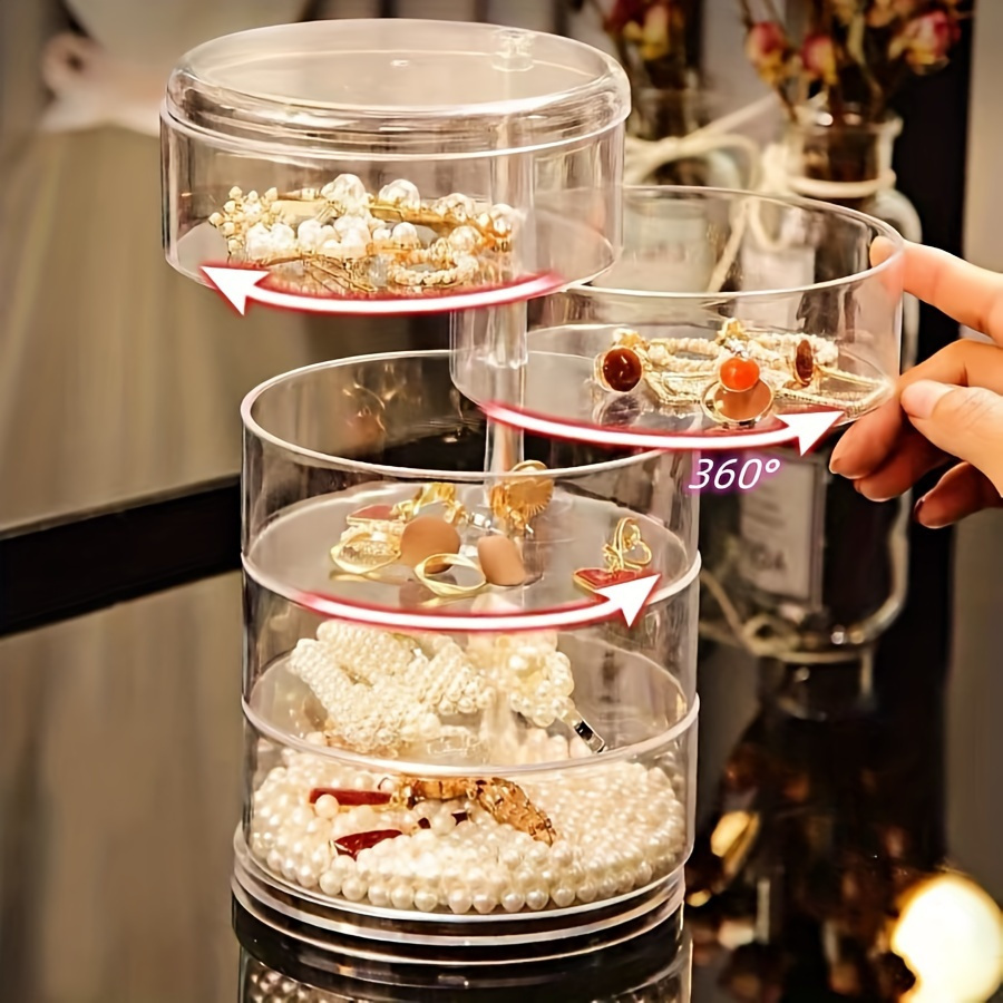 1pc large capacity 5 layer rotating jewelry organizer box with dust proof lid transparent durable plastic multi drawer storage for necklaces earrings rings bangles hair accessories watches modern desktop storage solution accessory holder   rotating feature clear construction   sturdy build gift     Product details 3