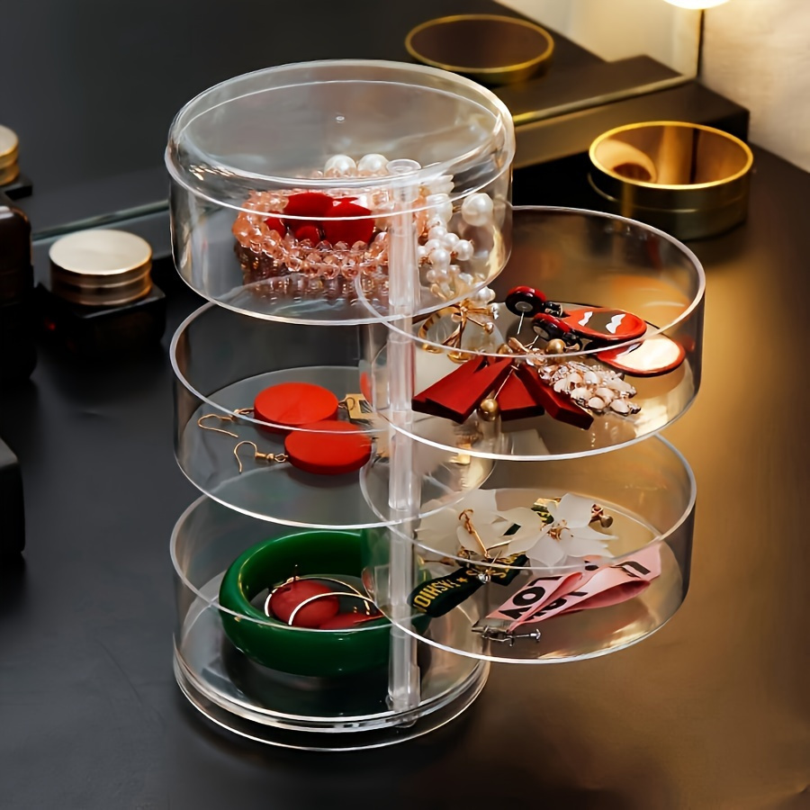1pc large capacity 5 layer rotating jewelry organizer box with dust proof lid transparent durable plastic multi drawer storage for necklaces earrings rings bangles hair accessories watches modern desktop storage solution accessory holder   rotating feature clear construction   sturdy build gift     Product details 4