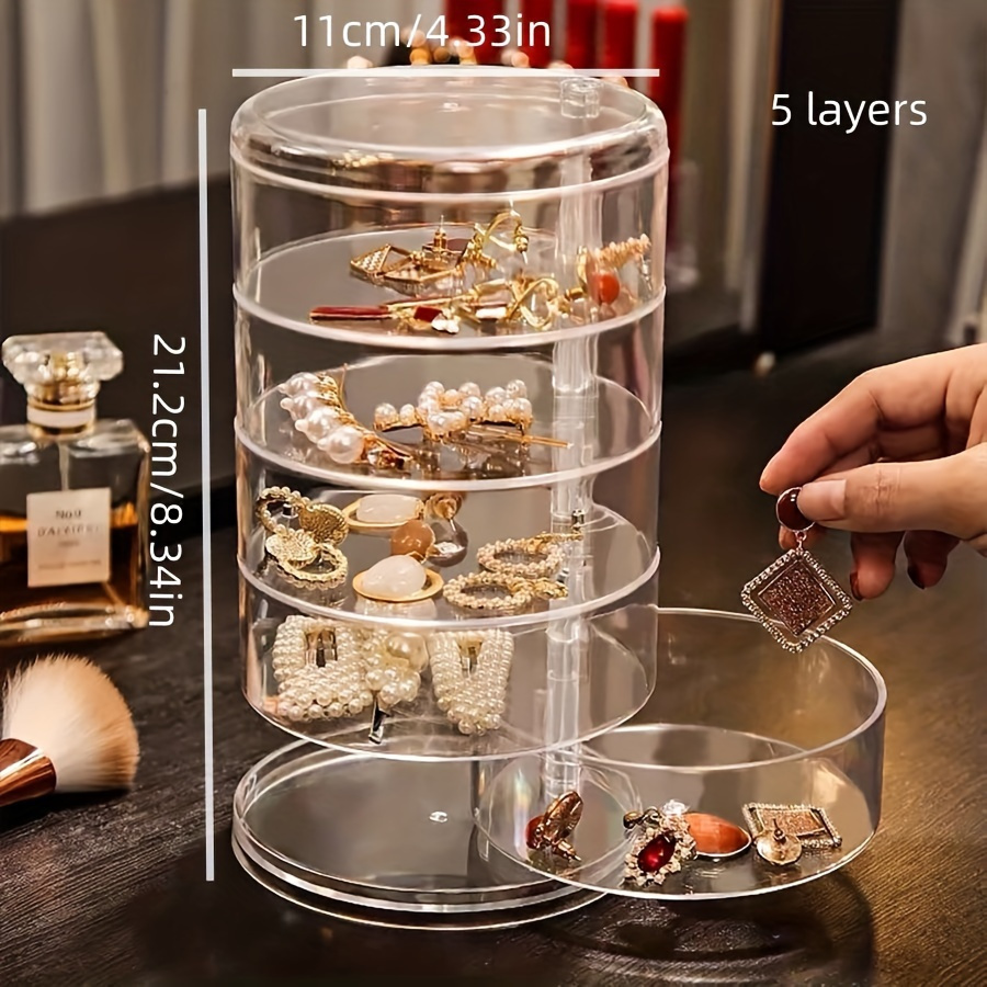 1pc large capacity 5 layer rotating jewelry organizer box with dust proof lid transparent durable plastic multi drawer storage for necklaces earrings rings bangles hair accessories watches modern desktop storage solution accessory holder   rotating feature clear construction   sturdy build gift     Product details 2