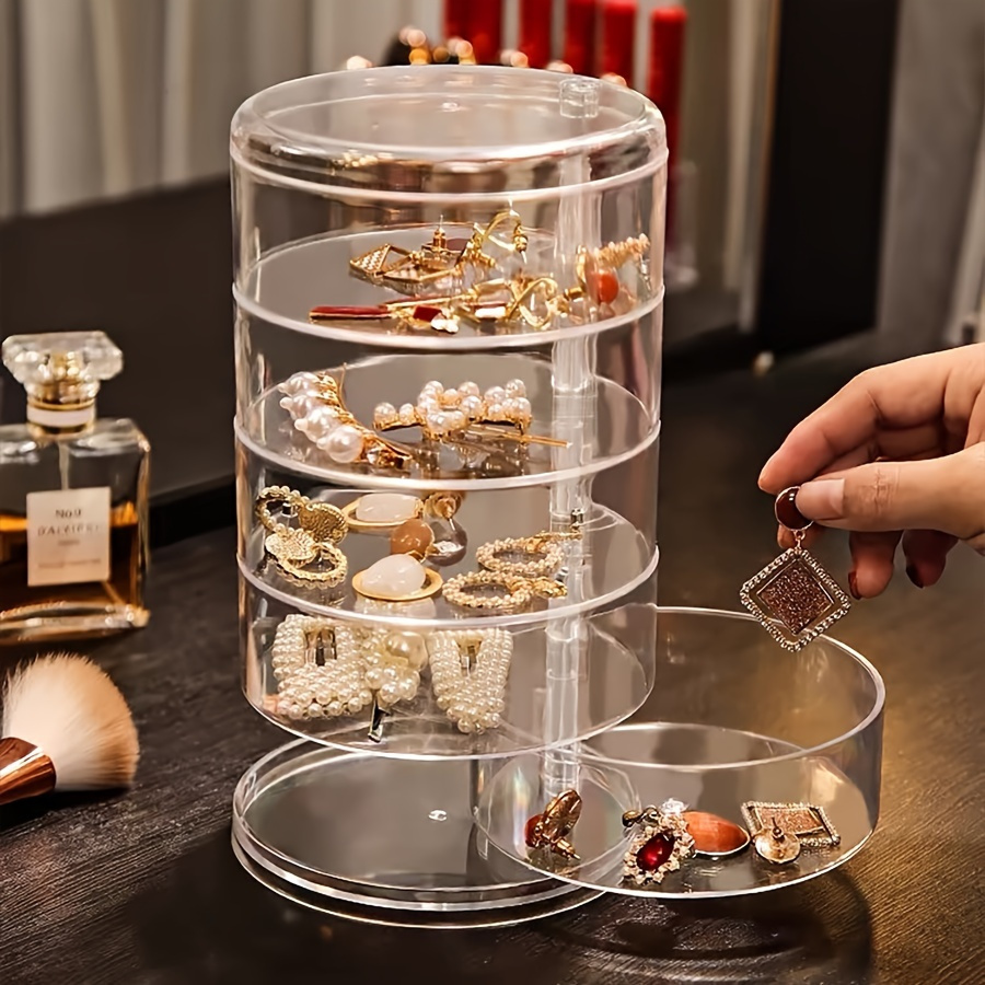 1pc large capacity 5 layer rotating jewelry organizer box with dust proof lid transparent durable plastic multi drawer storage for necklaces earrings rings bangles hair accessories watches modern desktop storage solution accessory holder   rotating feature clear construction   sturdy build gift     Product details 0