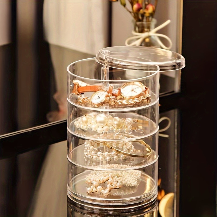 1pc large capacity 5 layer rotating jewelry organizer box with dust proof lid transparent durable plastic multi drawer storage for necklaces earrings rings bangles hair accessories watches modern desktop storage solution accessory holder   rotating feature clear construction   sturdy build gift     Product details 5