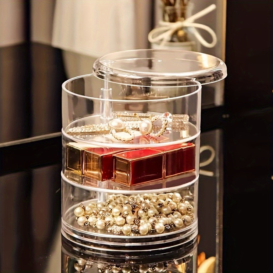1pc large capacity 5 layer rotating jewelry organizer box with dust proof lid transparent durable plastic multi drawer storage for necklaces earrings rings bangles hair accessories watches modern desktop storage solution accessory holder   rotating feature clear construction   sturdy build gift     Product details 6