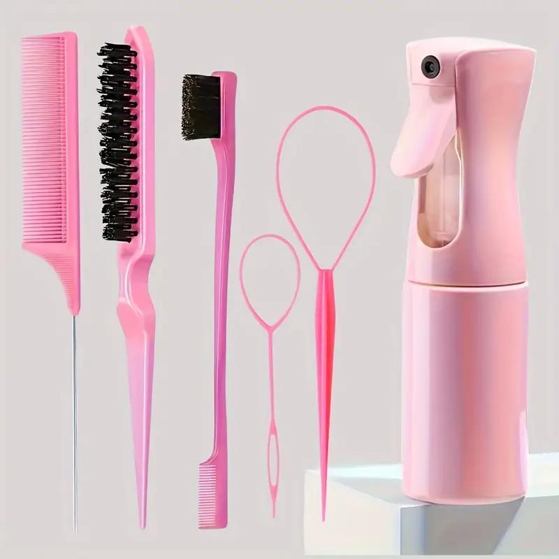 

6-piece Hair Brush Set With Hairdressing Spray Bottle, Braiding Loop, Rat Tail Comb, Teasing Brush, And Edge Control Brush - Suitable For Normal Hair Types