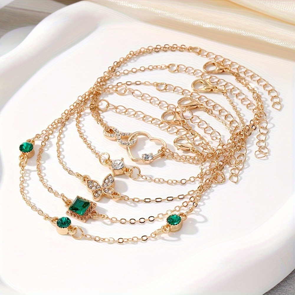 5Pcs/Set Elegant Emerald Sparkle Square Love Heart Bracelet Wedding Birthday Jewelry Gift Party Favors For Women Girls - Jewelry & Accessories