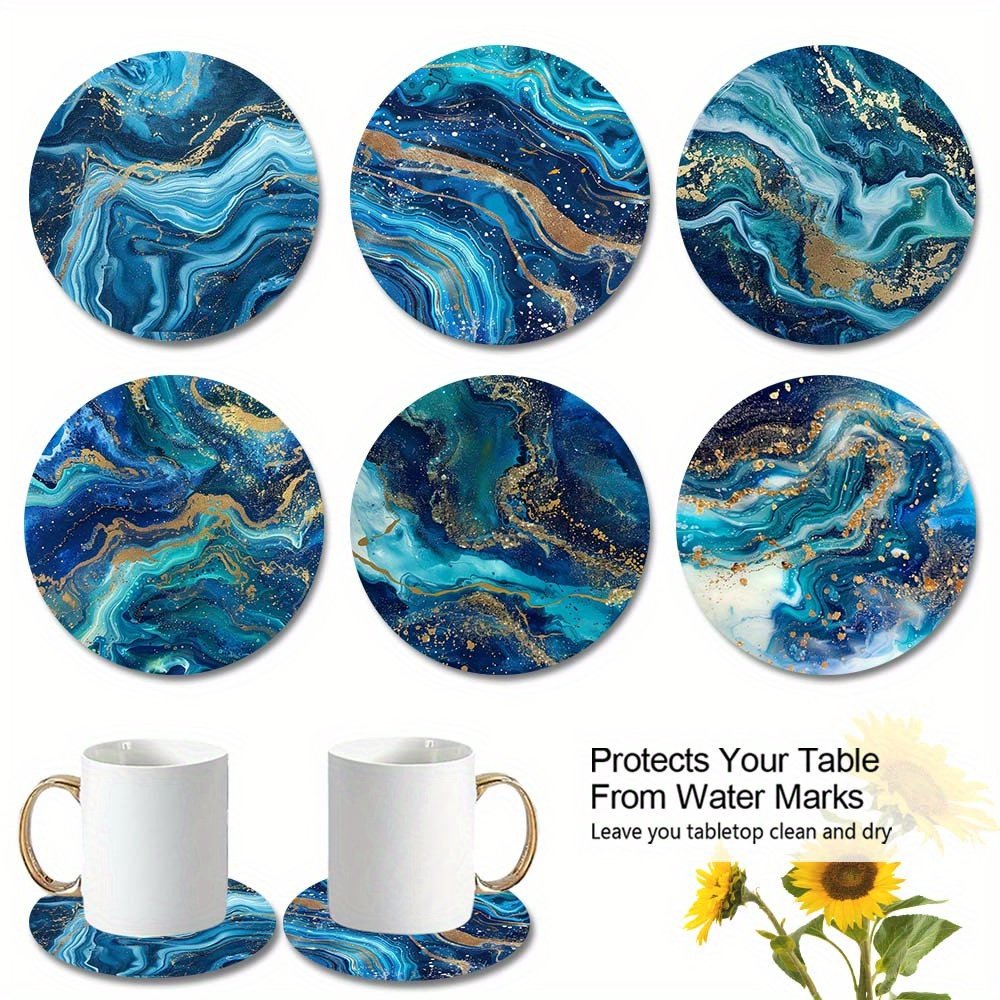 

6-piece Blue Marble Watercolor Coaster Set With Golden Foil, 9.5cm Diameter - Softwood Material - Protects Your Table And Furniture