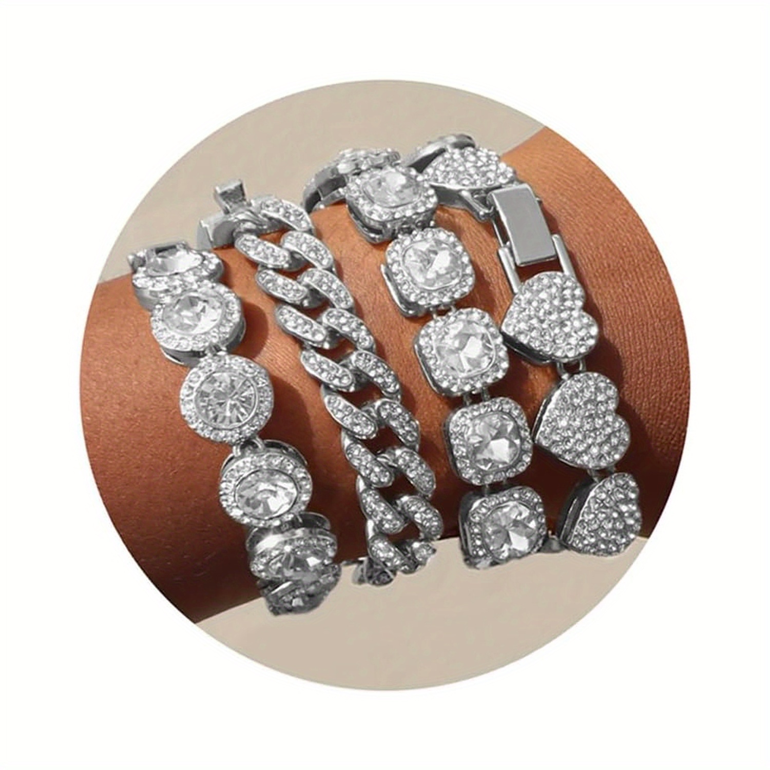 

4pcs Bracelets Set For Women, Clustered Tennis Bracelet Heart Layered Link Cuban Bracelet Set Fashion Jewelry For Girls Gift Set