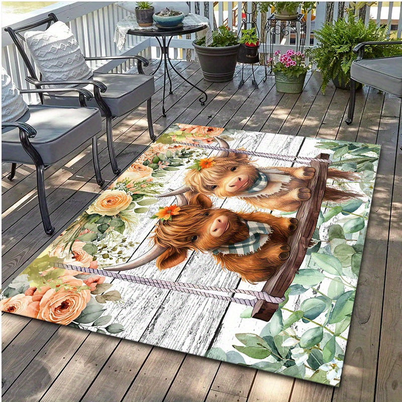 Floral Highland Cow Area Rug 100% Polyester Carpet for Living Room,  Bedroom, Kitchen, Bathroom Decorative Indoor/*