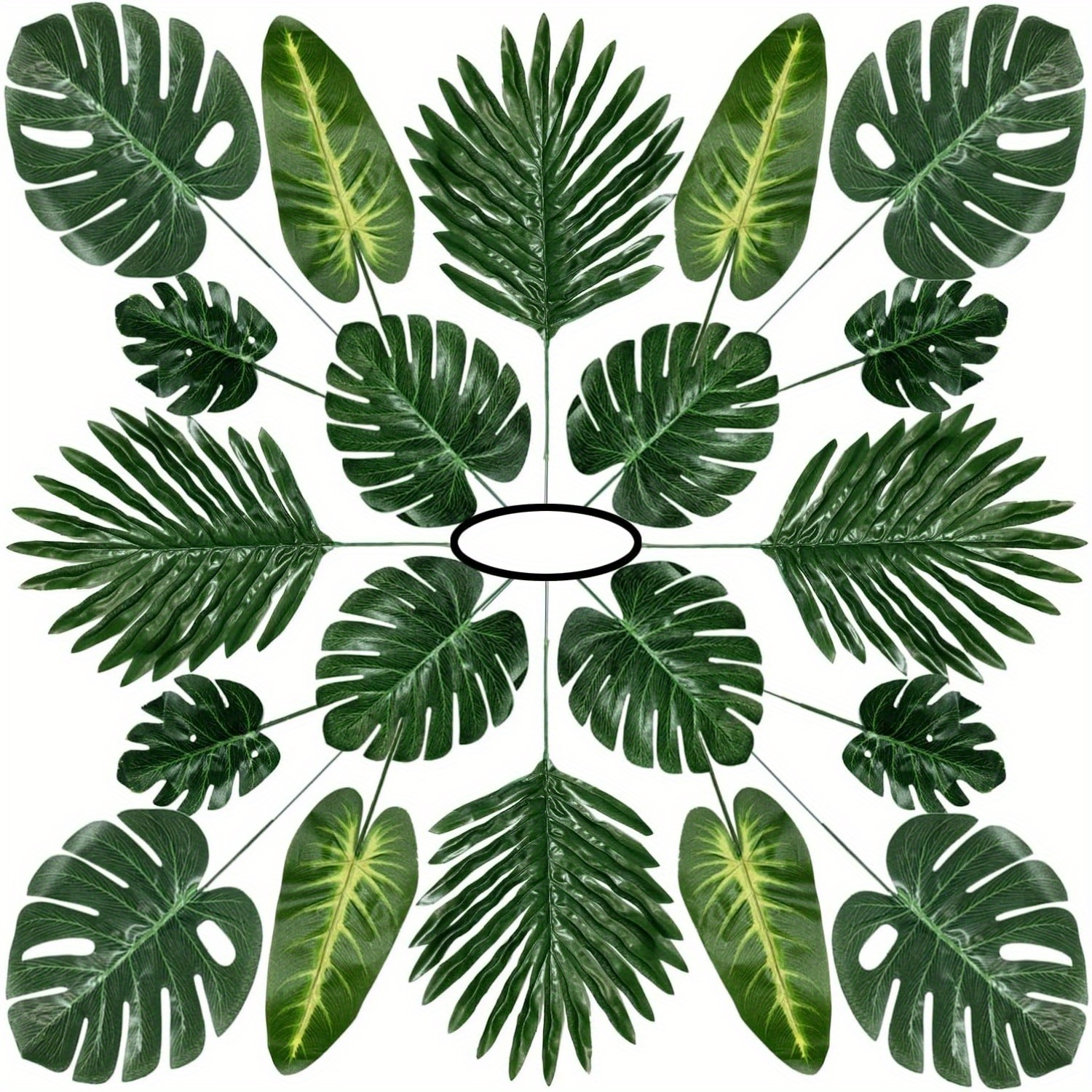 

60 Pcs Tropical Artificial Palm Leaves Set With Stems, 5 Styles, Plastic Faux Monstera & Safari Greenery, Luau Party Supplies, Hawaiian Jungle Beach Table Decor, Reunion Event Centerpieces