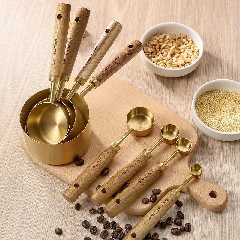 popular   4 8pcs wooden handle stainless steel measuring cups and spoons baking tools coffee measuring spoon set bartending scale accessories details 1