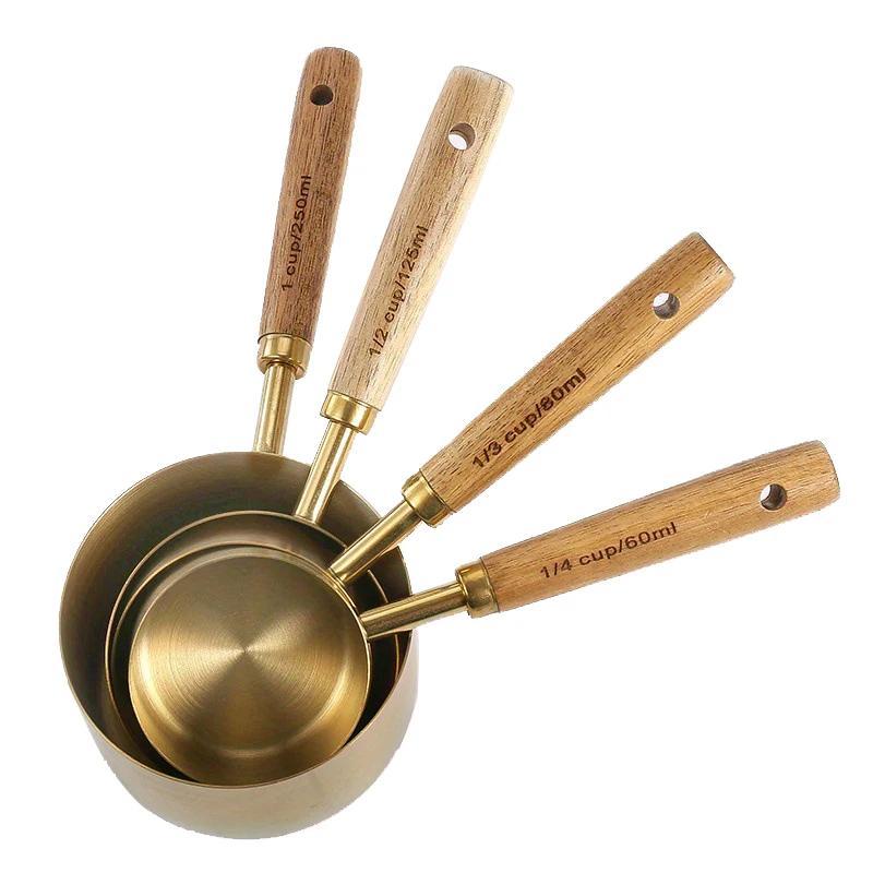 popular   4 8pcs wooden handle stainless steel measuring cups and spoons baking tools coffee measuring spoon set bartending scale accessories details 2