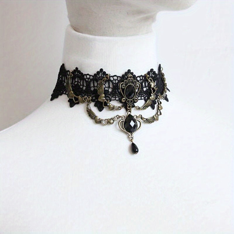 

1 collier ras du cou gothique avec cristal et dentelle noire, style victorien vintage, bijoux chocolat pour femmes, polyester, convient pour un et les festivals de musique