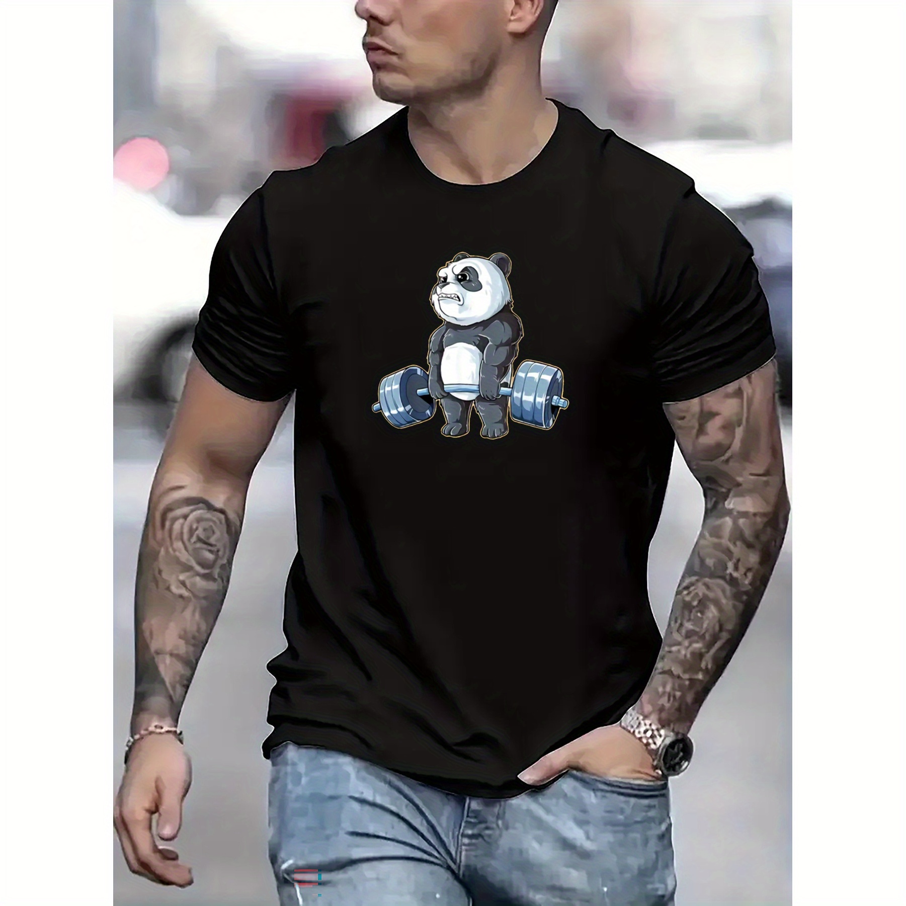 

Panda Lifting Barbell Pattern Print Casual Crew Neck Short Sleeve T-shirt For Men, Quick-drying Comfy Casual Summer T-shirt For Daily Wear Work Out And Vacation Resorts