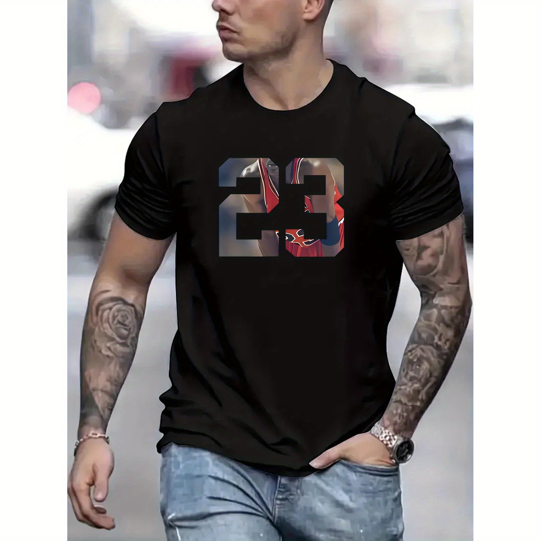 

Number 23 Print Men's Short Sleeve Crew Neck T-shirts, Comfy Breathable Casual Elastic Tops, Men's Clothing