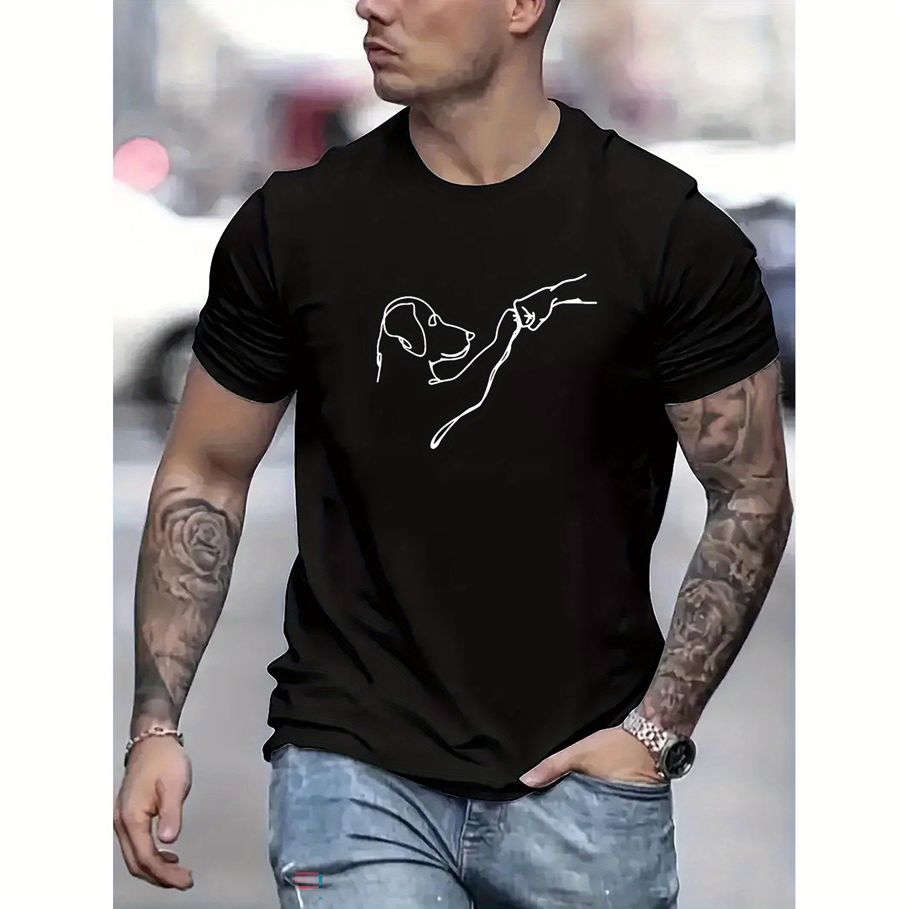 

High Fives Between Human And Dog Line Drawing Print Casual Crew Neck Short Sleeves For Men, Quick-drying Comfy Casual Summer T-shirt For Daily Wear Work Out And Vacation Resorts