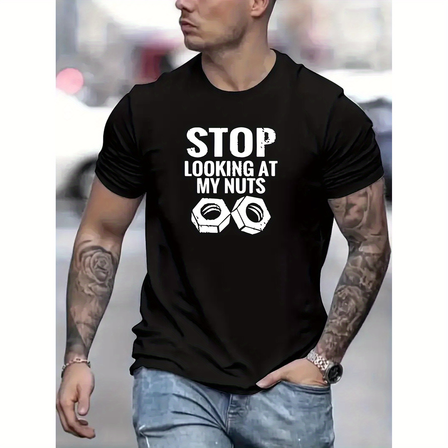

Stop Looking At My Nuts Funny Letter Print Men's Short Sleeve Crew Neck T-shirts, Comfy Breathable Casual Elastic Tops, Men's Clothing