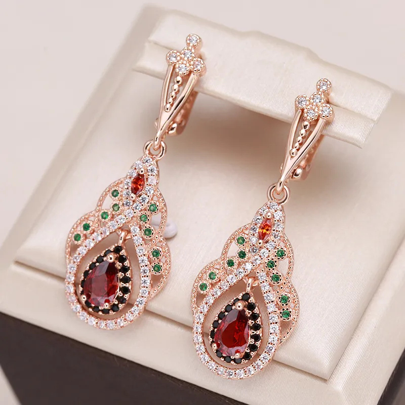 

1pair Golden Color Teardrop Drop Earrings For Women Crystal Flower Red Zircon Earrings For Women Vintage Boho Jewelry