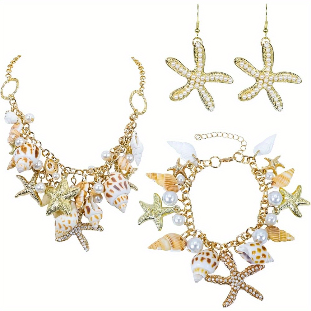 

4pcs Shell Necklace Choker Mermaid Tail Necklace - Fashion Sea Shell Starfish Faux Pearl Collar Bib Statement Chunky Necklace Pendant